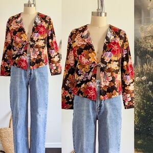 Vintage Floral Tie Top Open Front Handmade Romantic Cropped Jacket / 90s Blouse